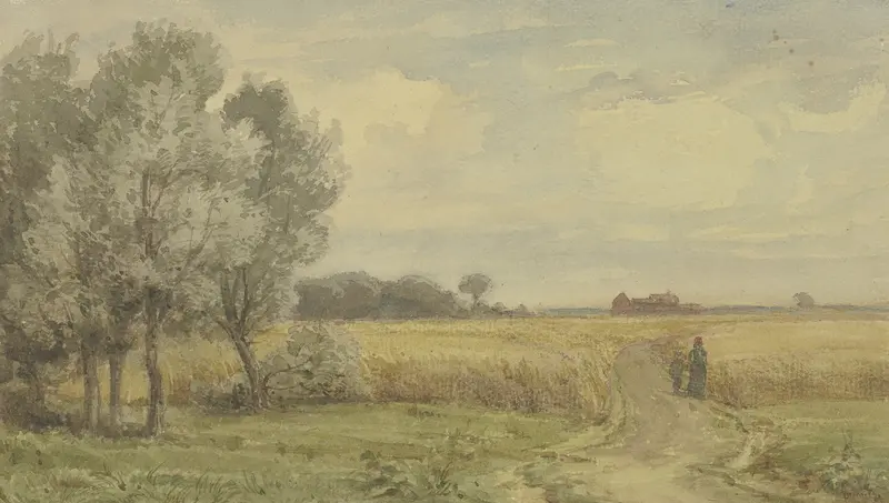 Cornfield in the summer by Peter Burnitz, oil on canvas depicting golden wheat and a blue sky