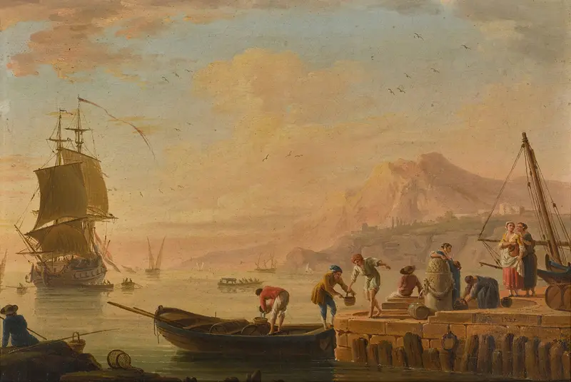 A Mediterranean harbour scene with fishermen unloading their boats, oil painting by Charles-François Grenier De Lacroix.