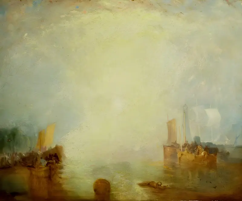 A luminous sky dominates the scene with small boats, yellow and white sails, indistinct figures at the water’s edge, and a floating bundle in the foreground.