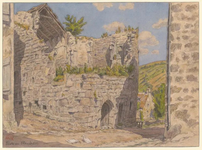 Besse-en-Chandesse lithograph by Henri Rivière showing rolling hills and a village