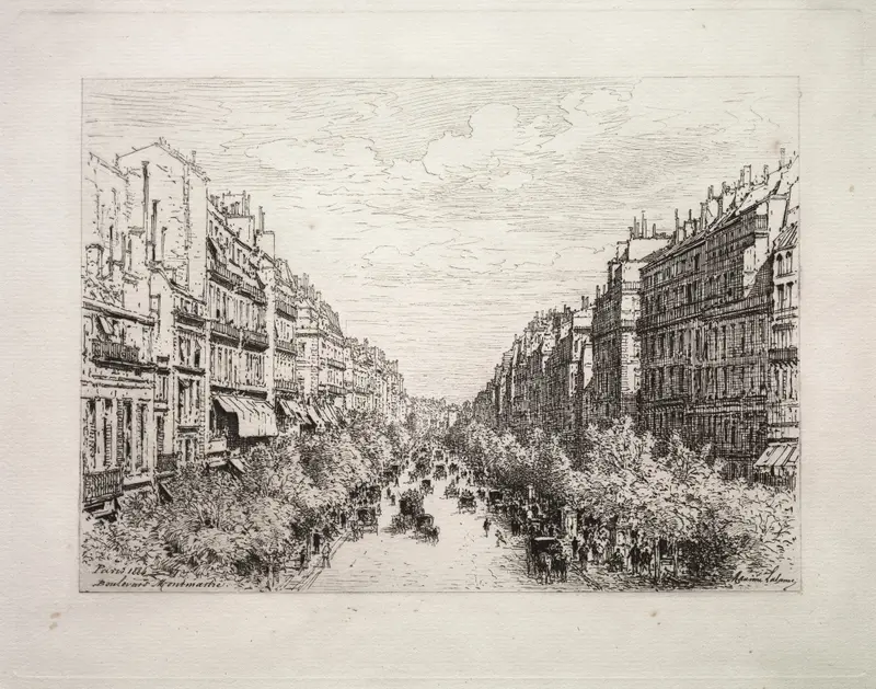 Boulevard Montmartre by Maxime Lalanne, oil painting depicting figures on a boulevard