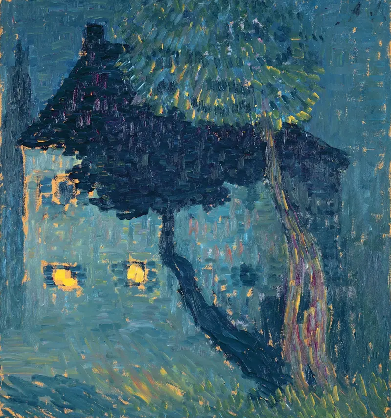 A cottage in the woods with bright yellow windows amidst blue and green foliage.