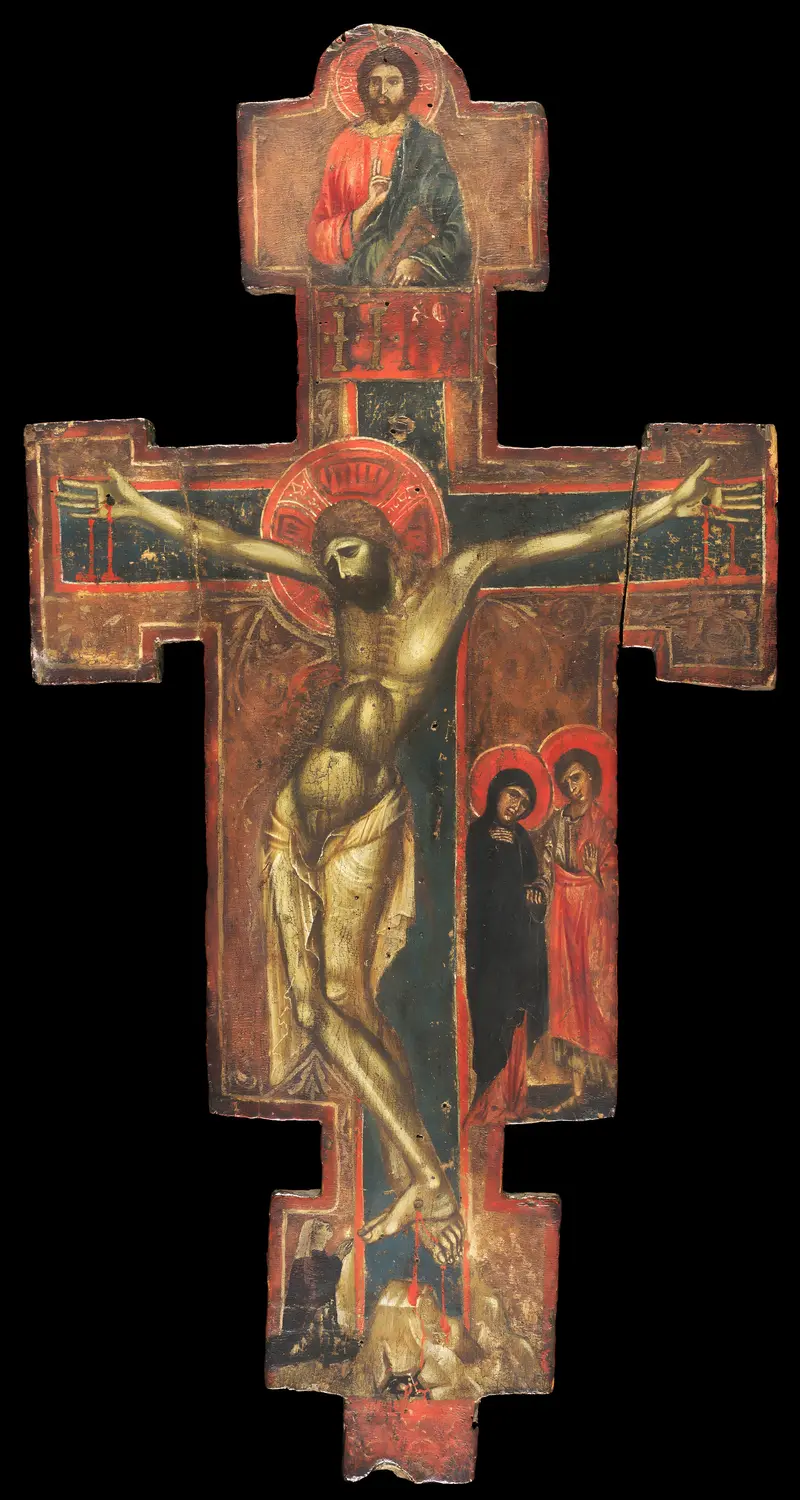 Crucifix with the Virgin and Saint John the Evangelist, tempera on panel, unidentified artist