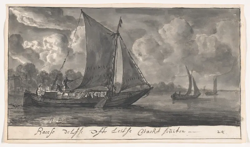 A marine painting depicting ferries navigating through a twilight scene.