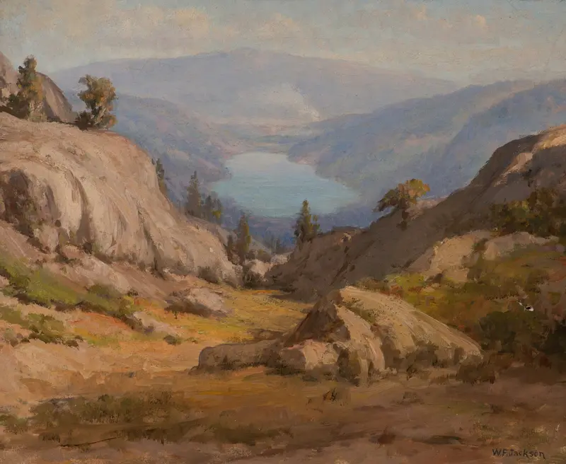 Oil painting of Donner Lake by William Franklin Jackson, showcasing vibrant hues and reflections.