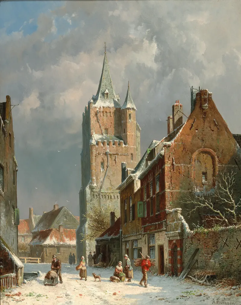In the Voldersgracht in Delft by Adrianus Eversen, oil on canvas depicting a canal with reflections.