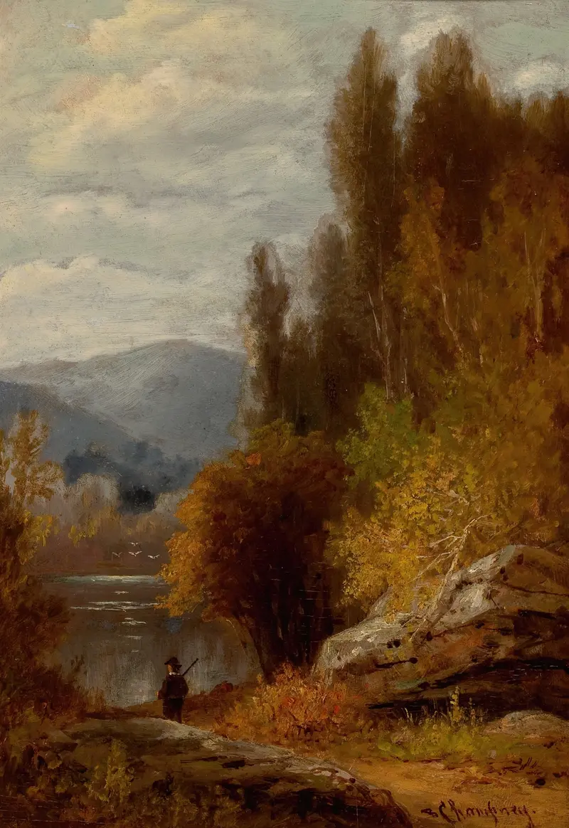 Hunter on the Path by Benjamin Champney, oil painting depicting a figure on a forest path.