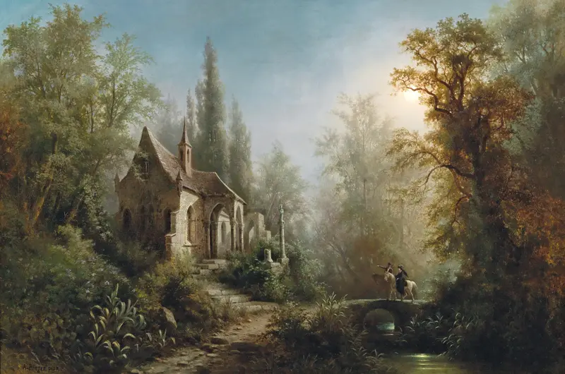 A moonlit night scene with a chapel and riders, oil painting by Albert Rieger.