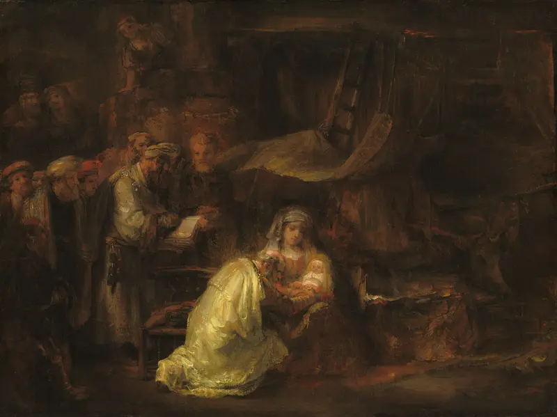 Rembrandt's 'The Circumcision' depicts a significant religious ritual with rich colors and detailed figures.