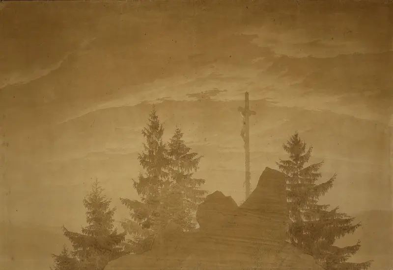 Cross in the Mountains by Caspar David Friedrich, oil on canvas depicting a cross against rugged mountains.