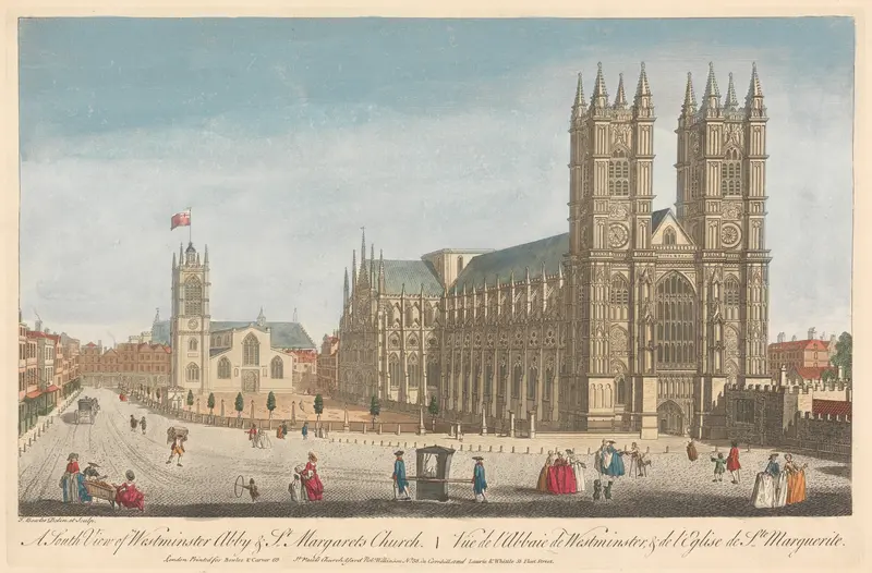 Engraving by Thomas Bowles III depicting Westminster Abbey and St. Margarets Church.