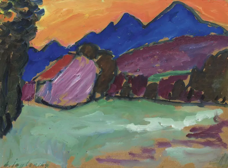 A vibrant sunset over blue mountains with a red-roofed house amidst swirling colors.