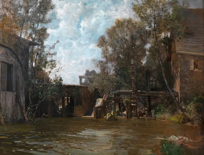 Oil painting by Emil Jakob Schindler depicting a mill by a river with reflections