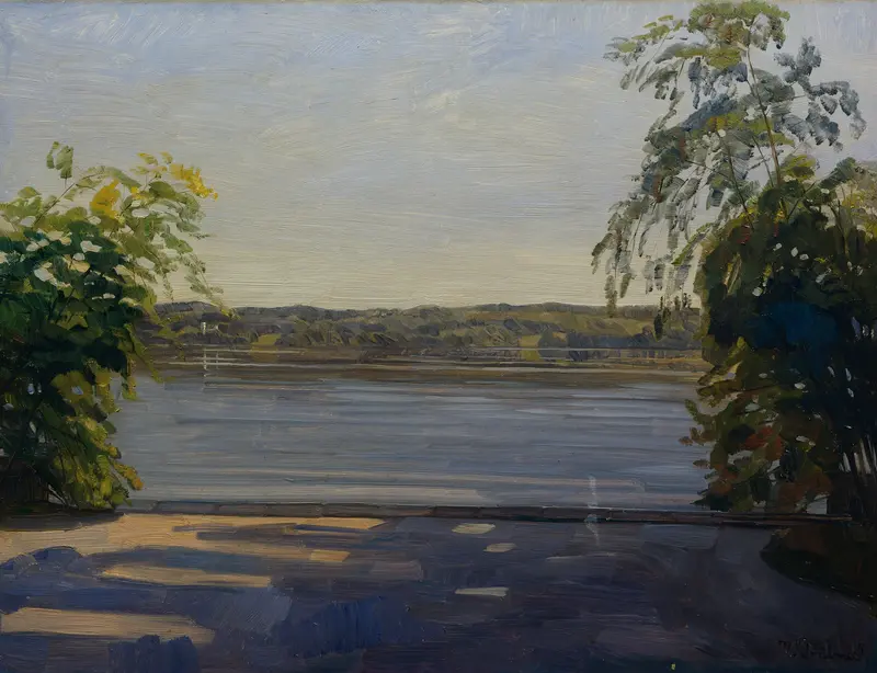 Oil painting by Wilhelm Trübner depicting tranquil lake waters and golden light.