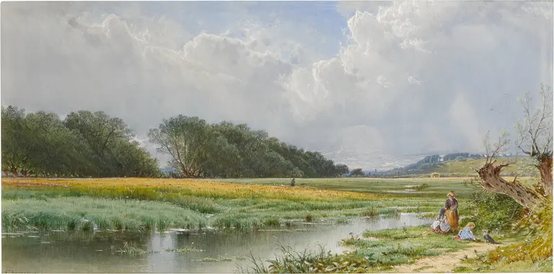 Oil on canvas by Alfred Thompson Bricher depicting a serene meadow with a brook.