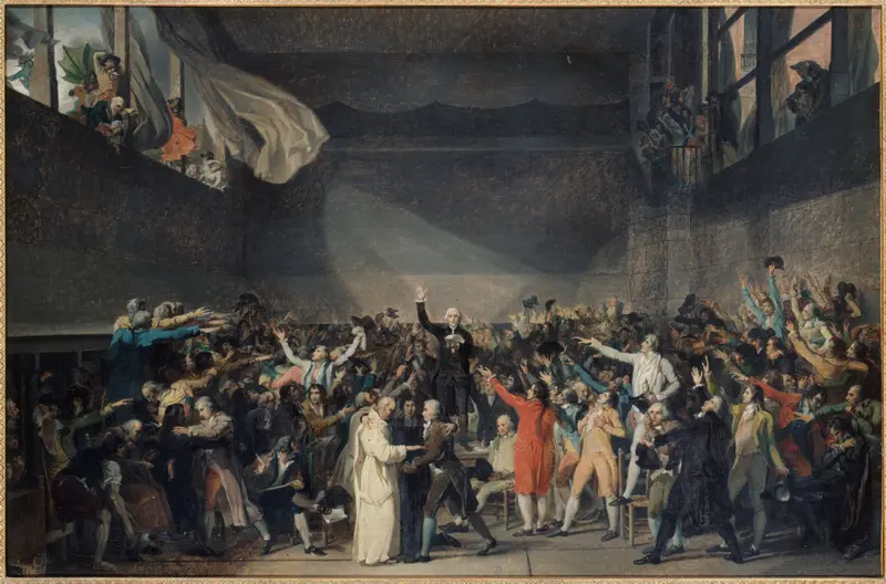 A crowded tennis court with men raising their arms in oath, centered on a figure standing on a table with his right hand raised.