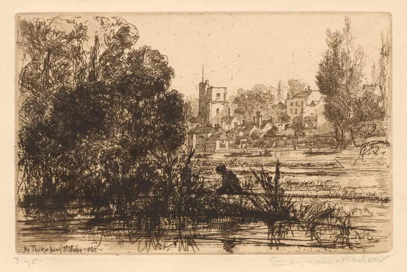 Landscape by Francis Seymour Haden, depicting a river and trees, etching