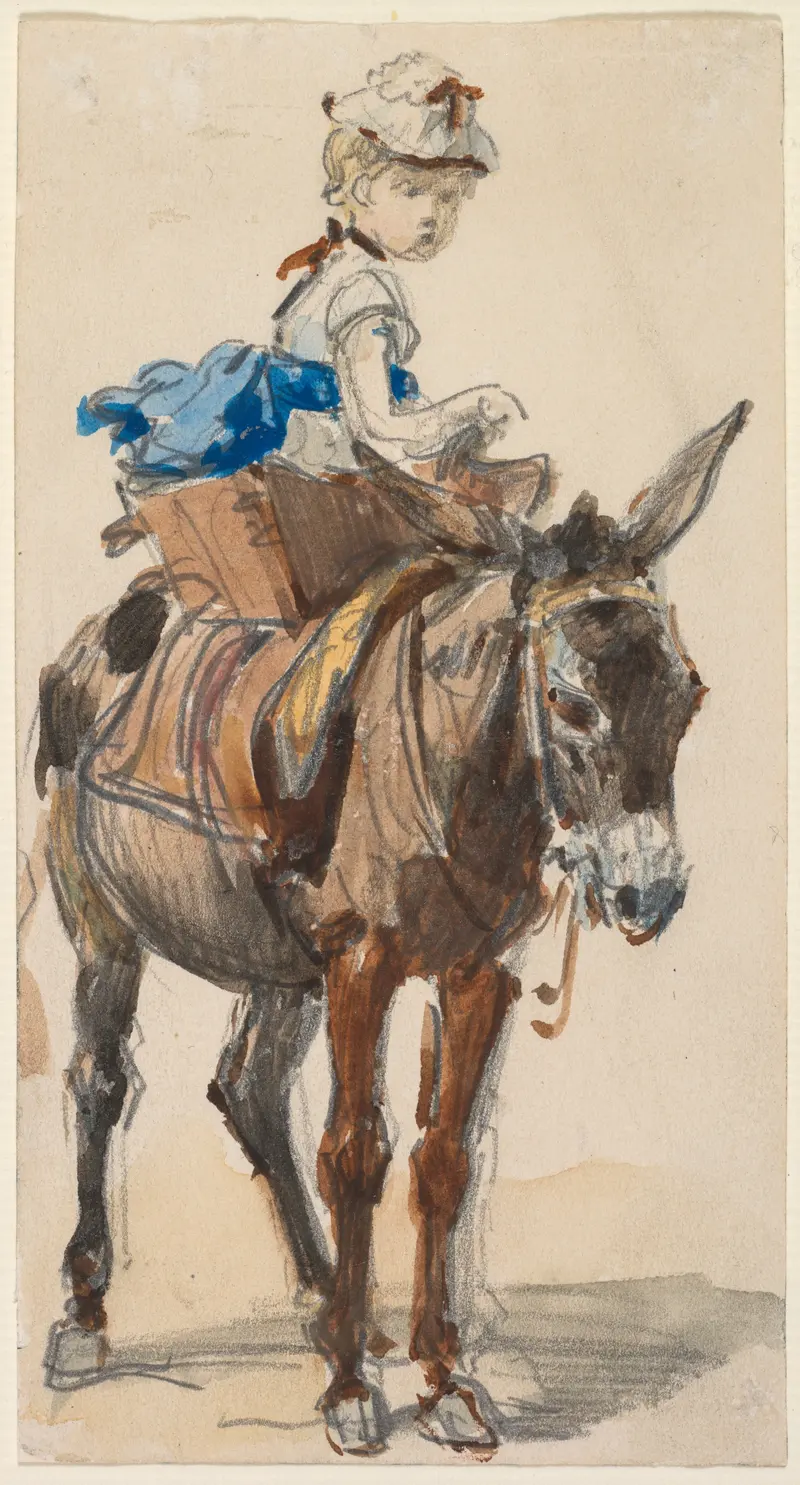 A young girl riding a donkey in a pastoral setting.