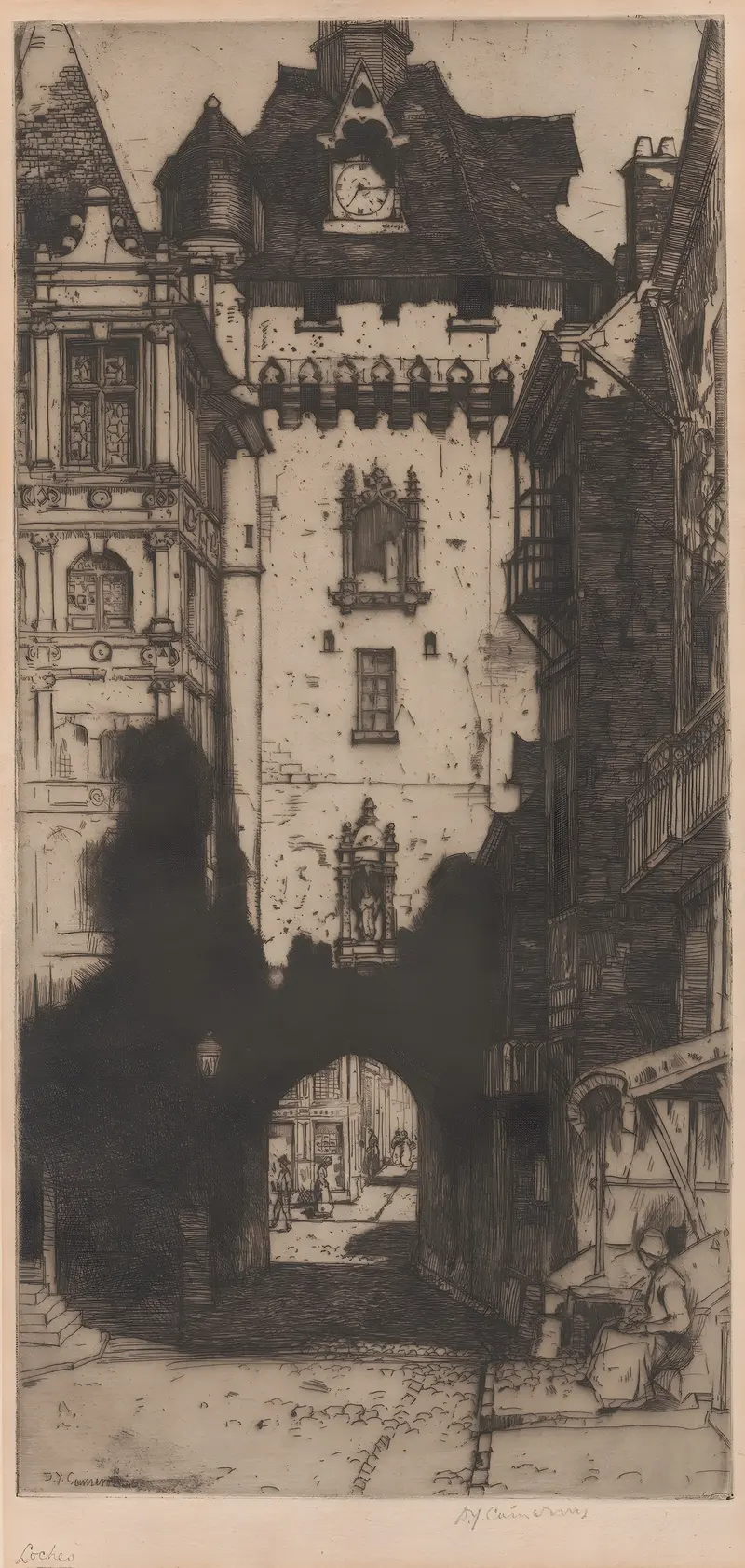 Loches, etching by David Young Cameron depicting a serene landscape with light and shadow.