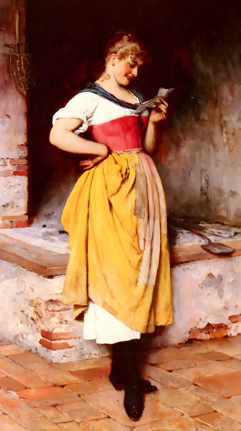 A painting depicting a joyful scene of a woman receiving good news.
