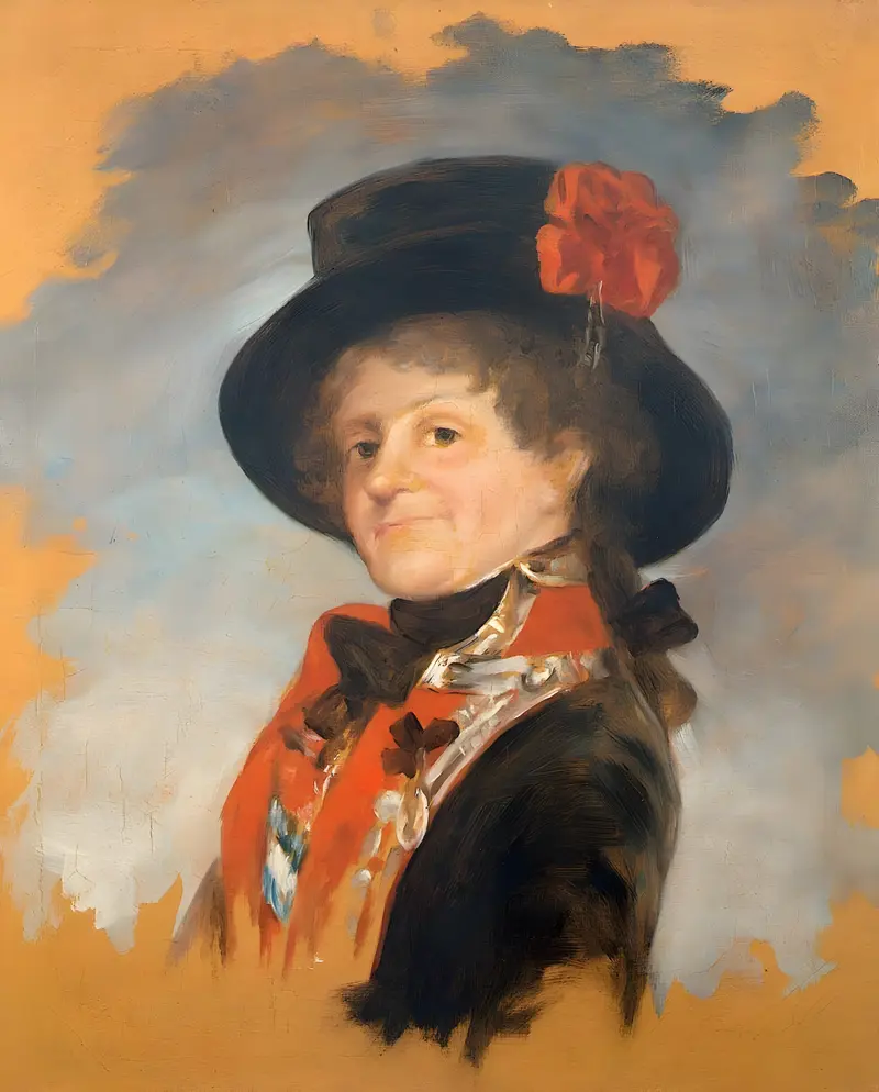A woman in formal attire with a black hat adorned by a red flower and an orange-red sash, shown from the upper torso against a blue and ochre background.