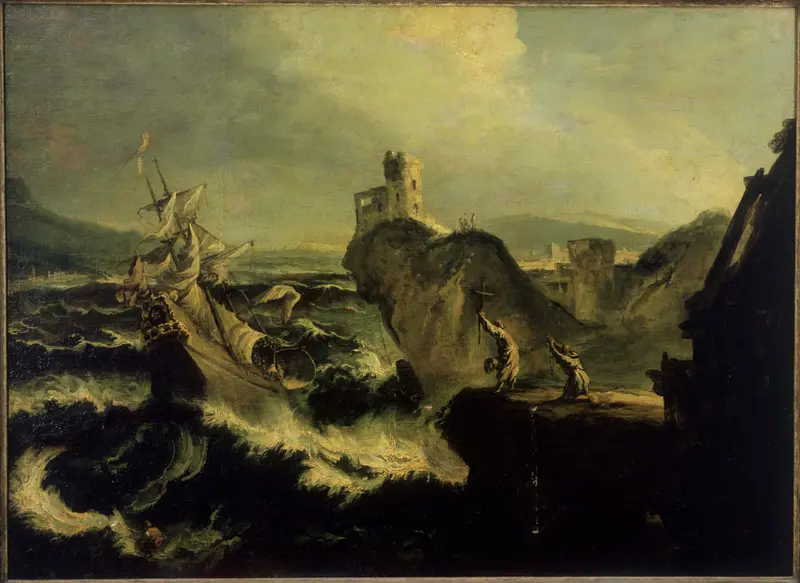 A ship struggles in a turbulent sea, with crew members in distress and monks on shore praying for divine intervention.