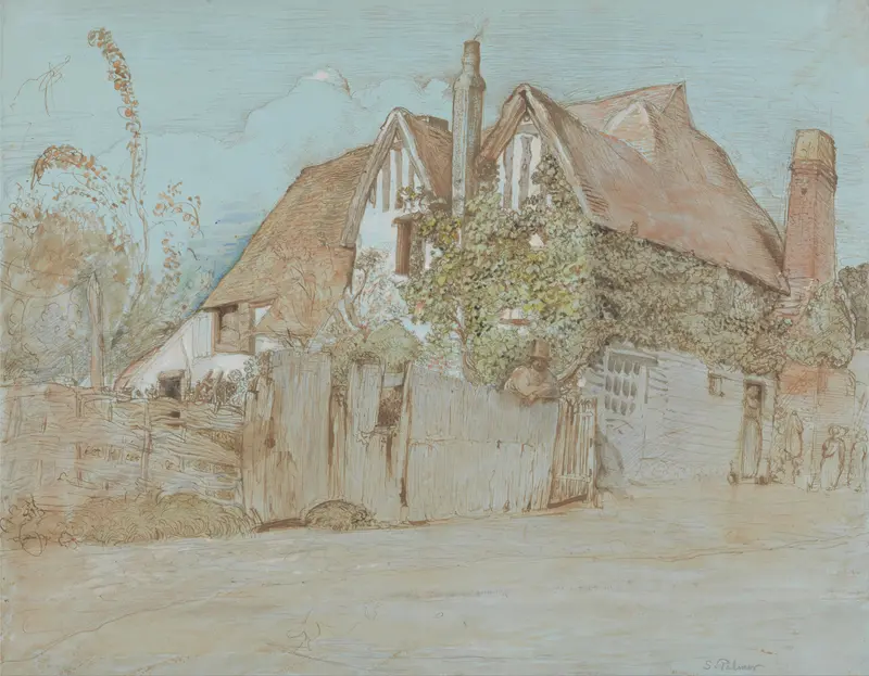 Ivy Cottage, Shoreham by Samuel Palmer, oil on canvas depicting a cottage surrounded by ivy and sunlight.