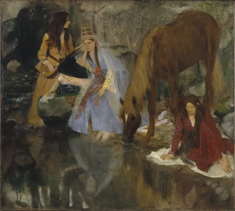 A young woman in a pale blue costume sits by a reflective pool with a horse and two other women in elaborate costumes nearby.