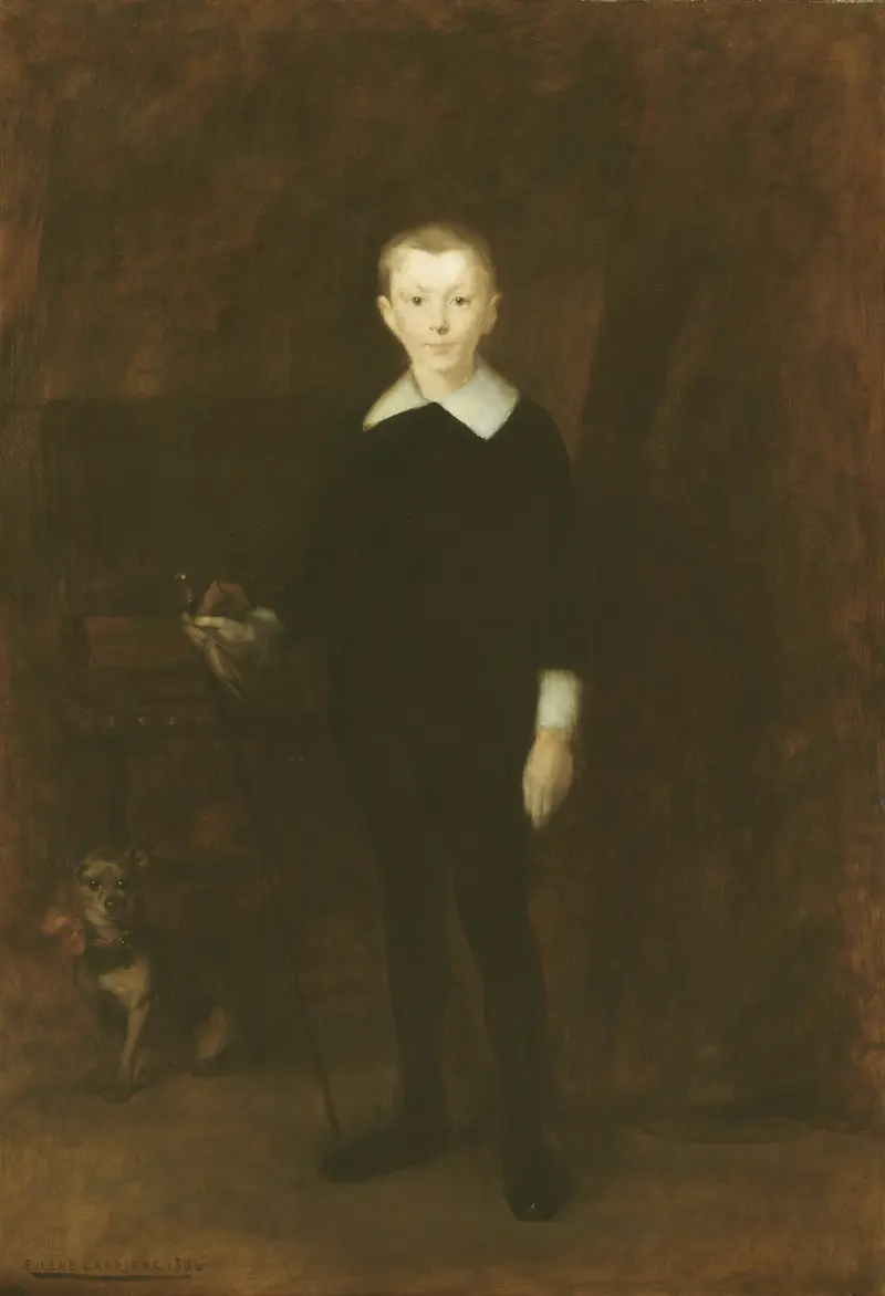 Portrait of a boy by Eugène Carrière, oil on canvas, featuring soft skin and chiaroscuro.