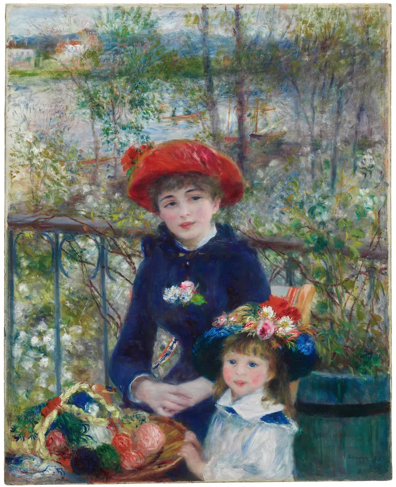 A young woman in a deep blue dress sits beside a little girl on a sunlit terrace with a basket of colorful skeins and lush greenery overlooking a river.