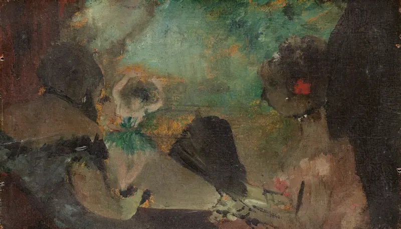 A woman in evening dress with a red flower in her hair sits at the edge of a theater box, watching a dancer in a green tutu performing on stage.