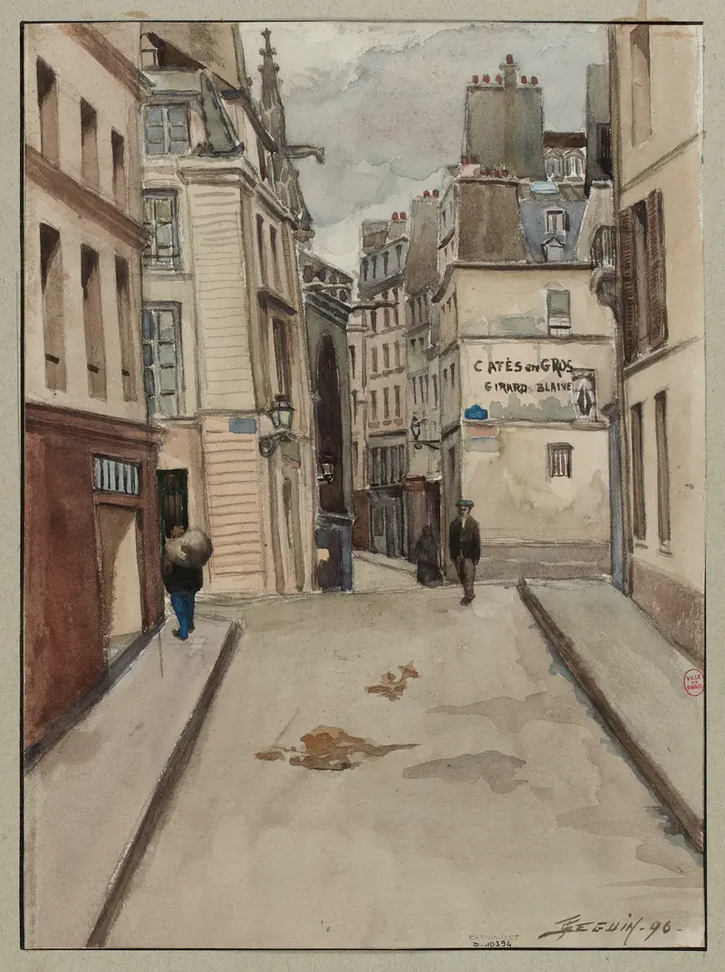 Architecture scene featuring cobblestones and light by F. Séguin, Post-Impressionism