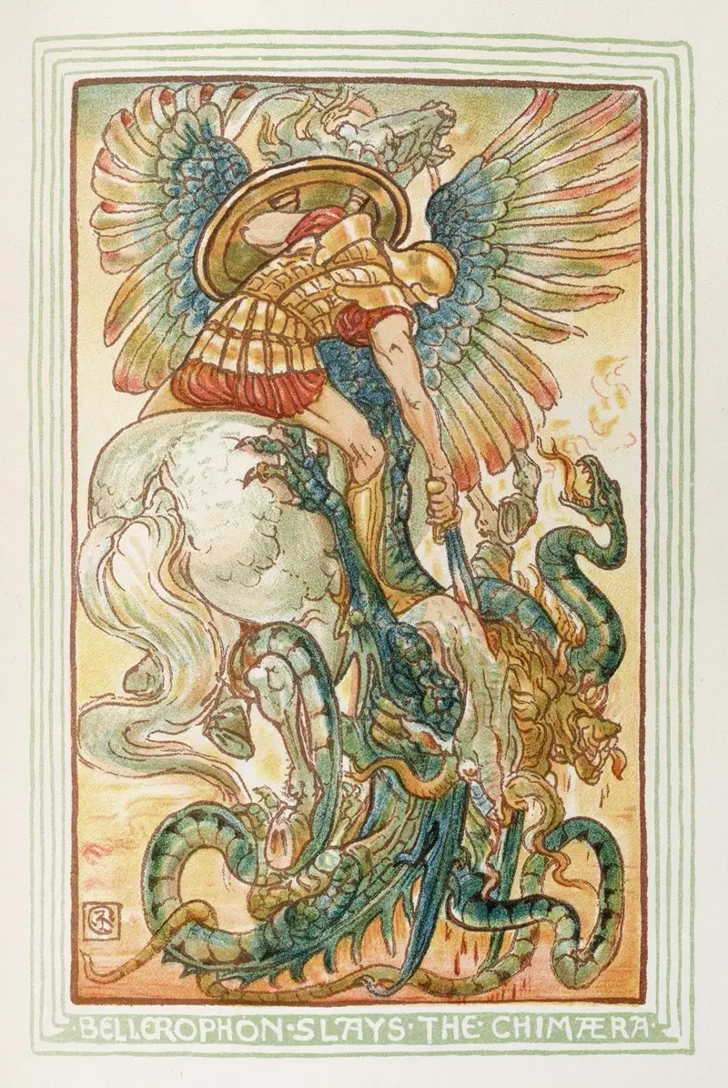 Walter Crane's painting depicts Bellerophon in a dramatic battle against the Chimera.