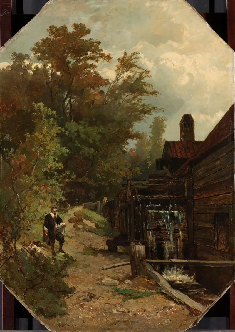 Oil on canvas by Gerard Bilders depicting Jacob van Ruisdael sketching a watermill.