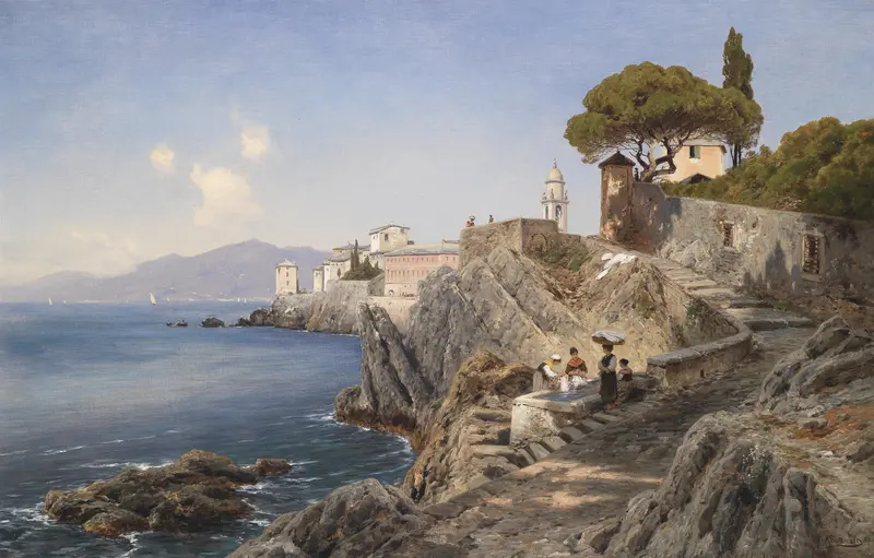Oil painting by Ascan Lutteroth depicting a serene riverbank