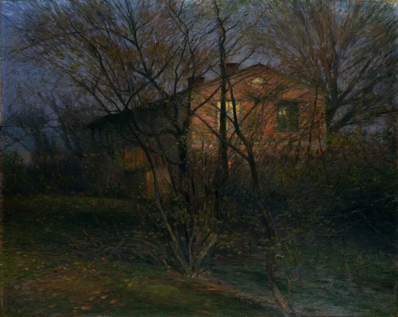 The Yellow House by Karl Nordström, oil painting depicting a sunlit house surrounded by green foliage.
