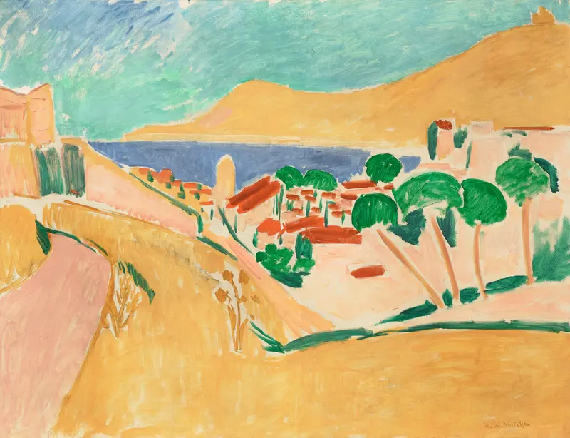 Collioure en août by Henri Matisse, oil painting depicting a coastal landscape with vibrant colors.