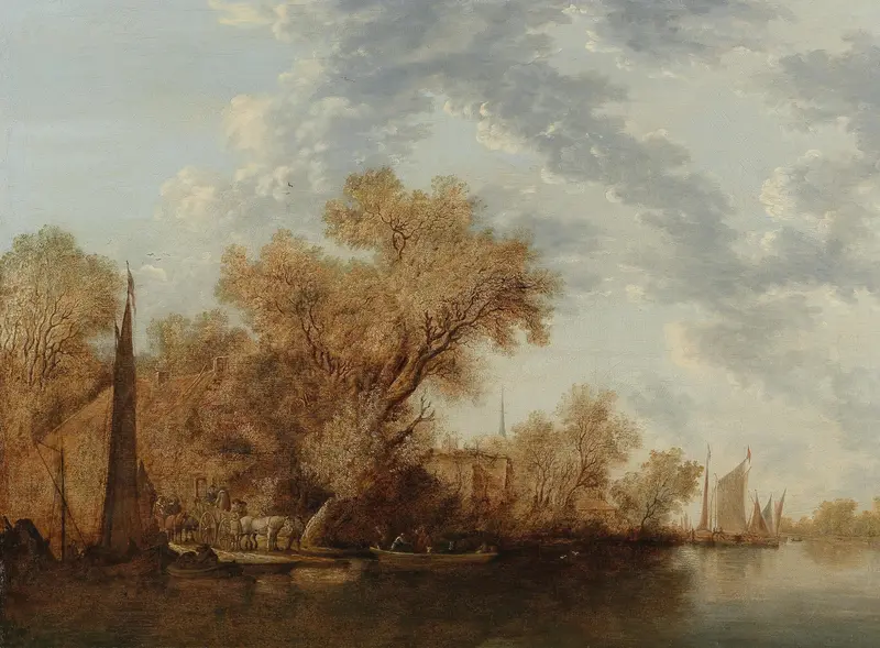 A river landscape with ferry boats, oil on canvas by Jacob Salomonsz. van Ruysdael
