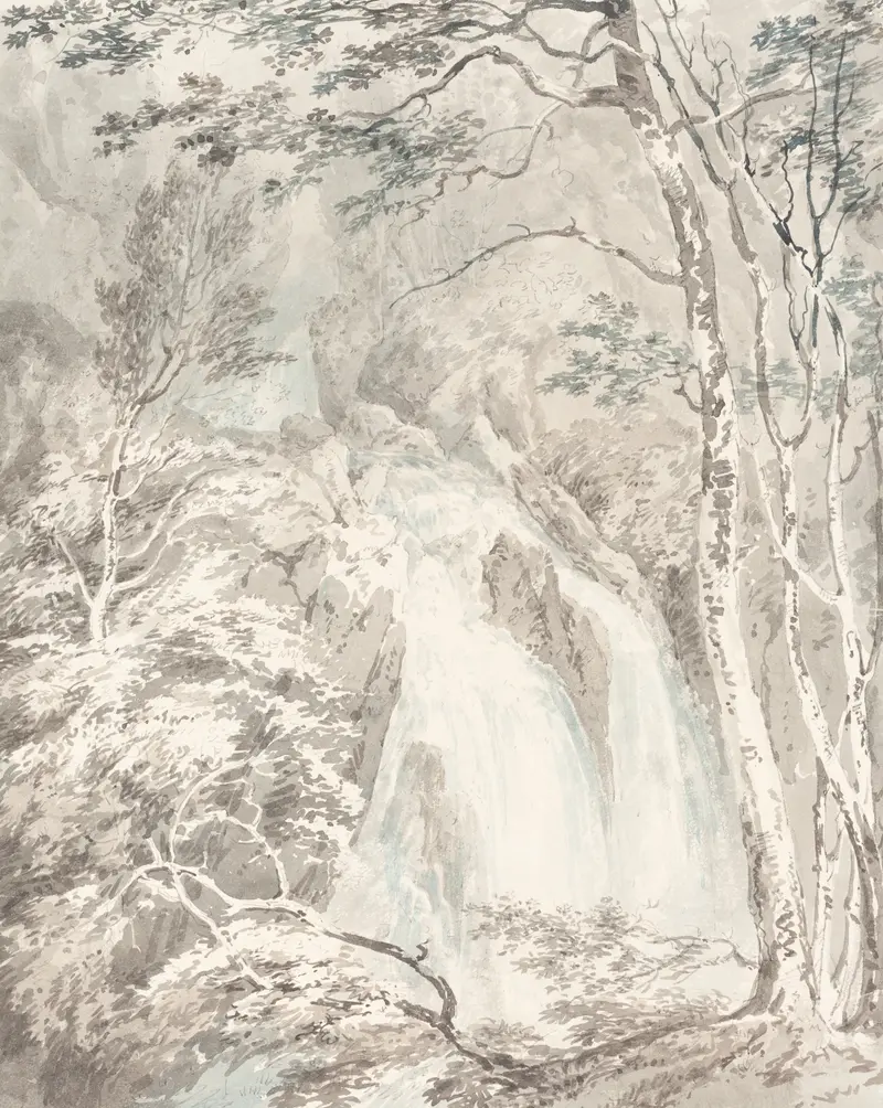 A Waterfall by Joseph Mallord William Turner, oil on canvas, depicting a vibrant waterfall scene.