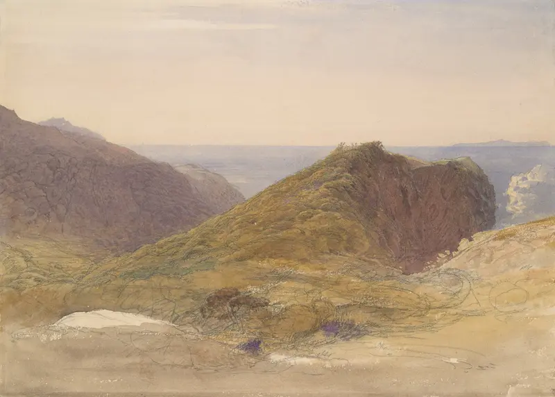 Oil painting by Samuel Palmer depicting the North Coast of Devon with Lundy Island in the distance.
