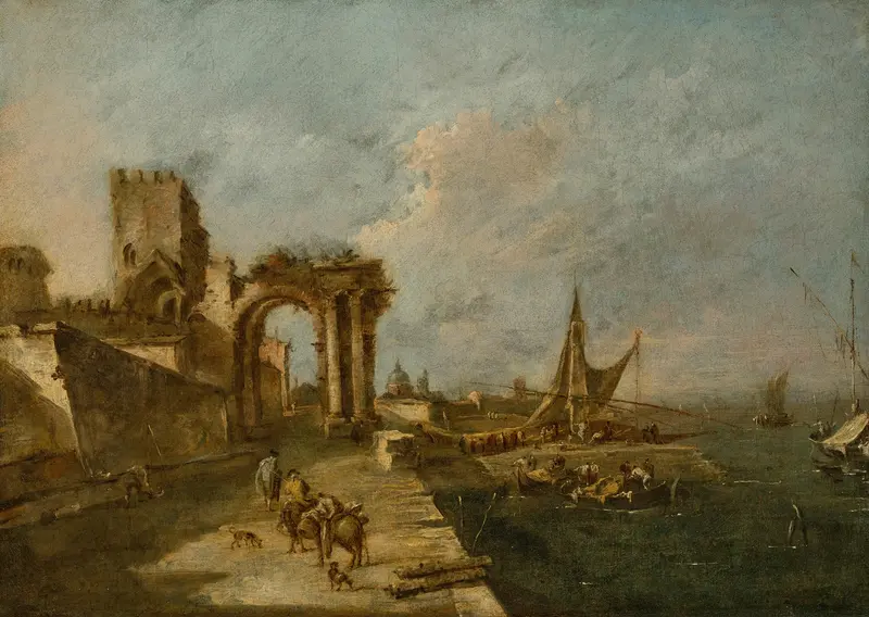 Oil painting by Francesco Guardi depicting a seaport with boats and a ruined arch