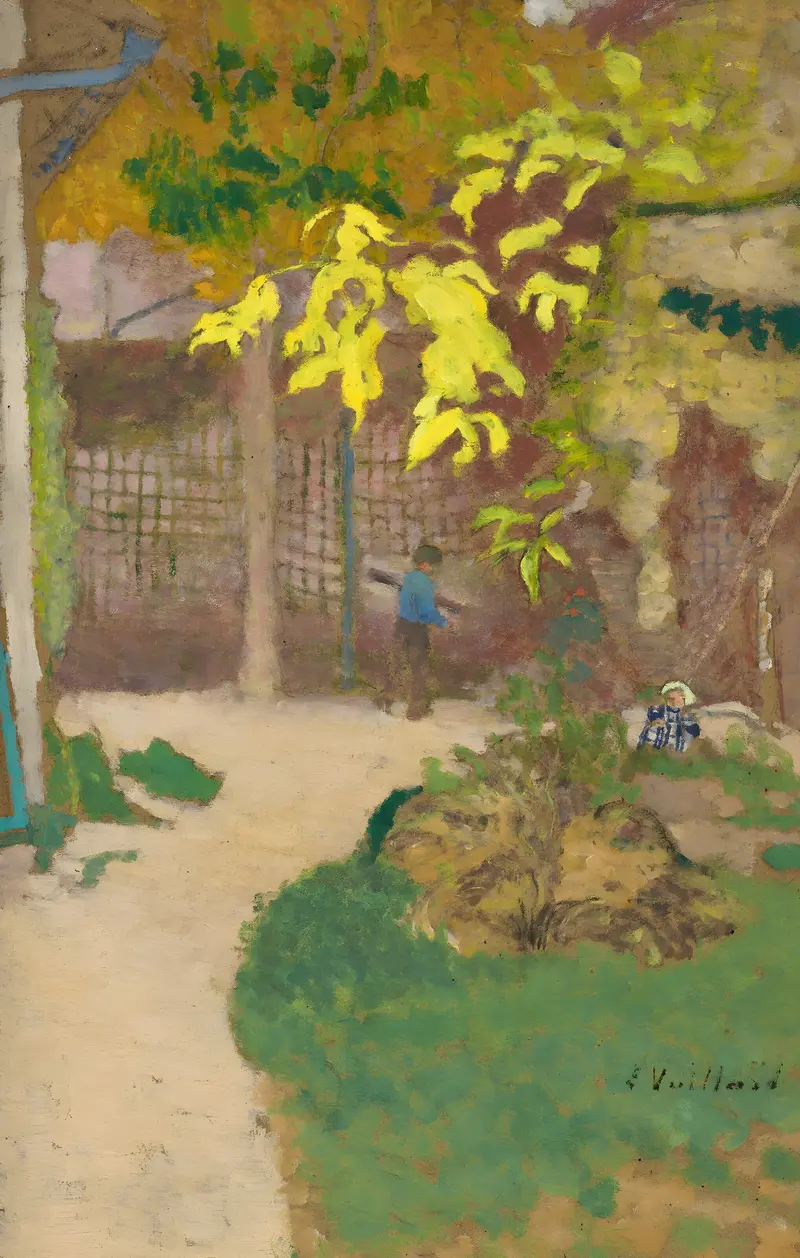 Le Jardin by Édouard Vuillard, oil on canvas, depicting a lush garden with dappled light.