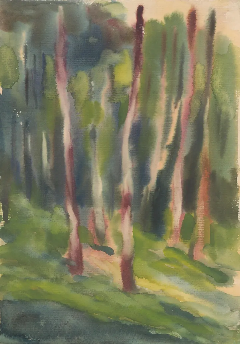 Birch Grove by Zolo Palugyay, oil on canvas depicting slender birch trees in a forest.