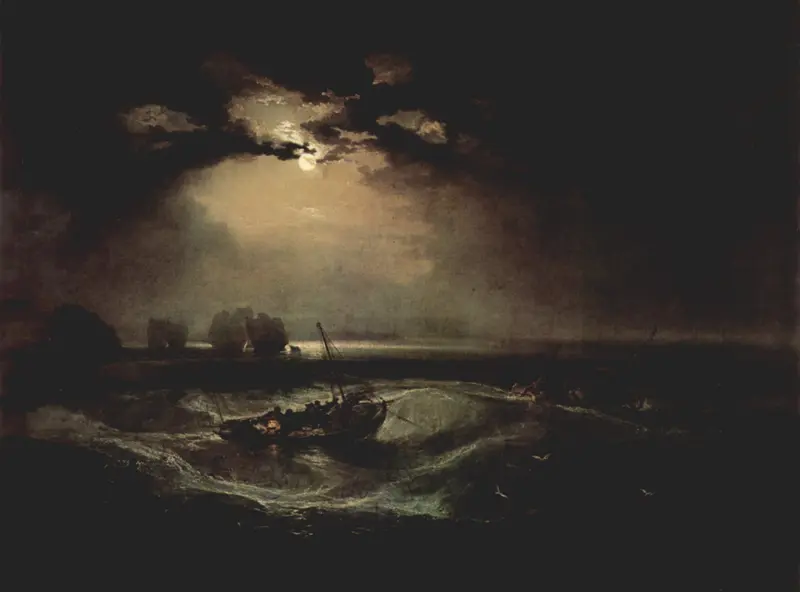 A small fishing boat with several figures and a glowing lantern tilts on a dark, churning sea beneath a full moon partially obscured by thick clouds.