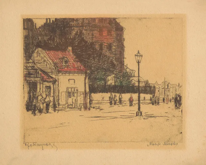 Urban landscape with buildings in ethereal light by Feliks Jabłczyński, medium unknown.