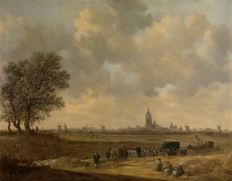 Landscape by Jan van Goyen, oil on canvas depicting a serene horizon and soft clouds