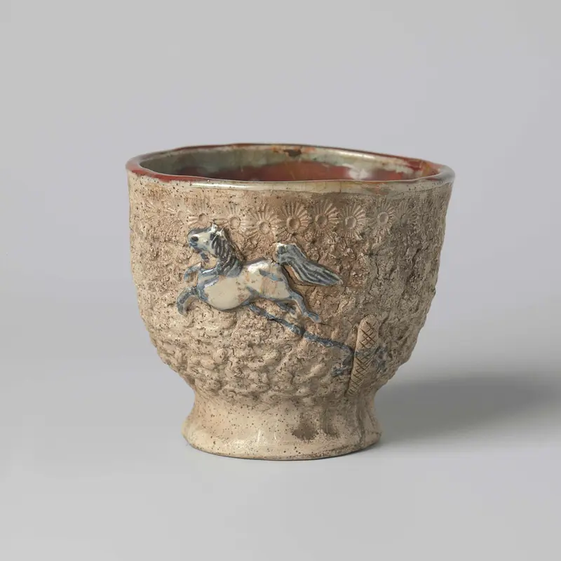 Ceramic tea bowl featuring a running horse, unknown artist