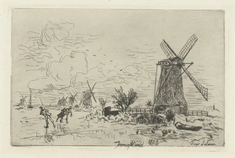 Landschap met molens en schaatsers, etching by Johan Barthold Jongkind, depicting skaters on ice in a winter landscape.