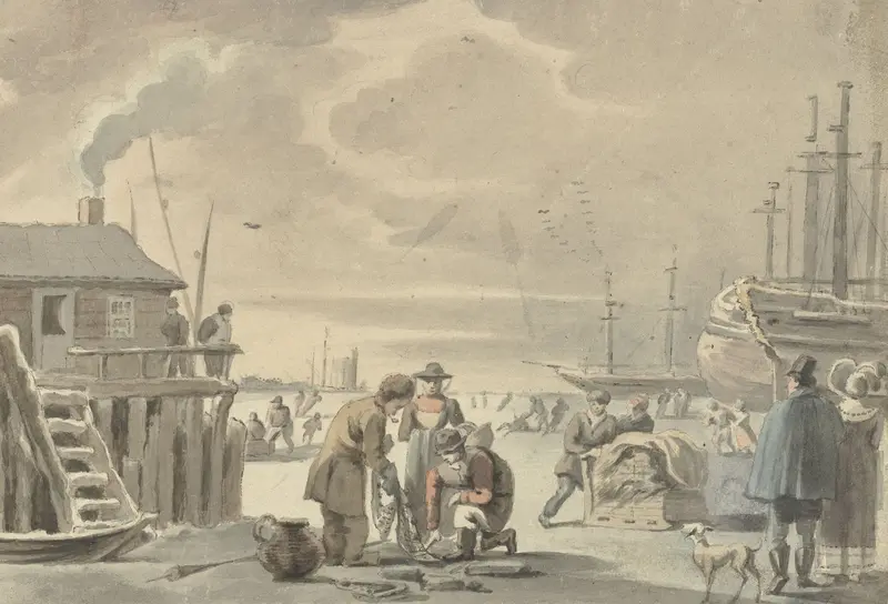 Landscape of a frozen river by Aert Schouman, oil painting