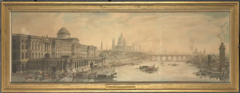 Watercolour by Louis Jean Desprez depicting Somerset House, Saint Paul’s Cathedral and Blackfriar’s Bridge